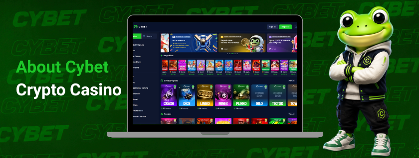 Cybet crypto casino homepage on a laptop showing original games like Crash, Dice, Mines, Plinko, and more, with a frog mascot and the text "About Cybet Crypto Casino".