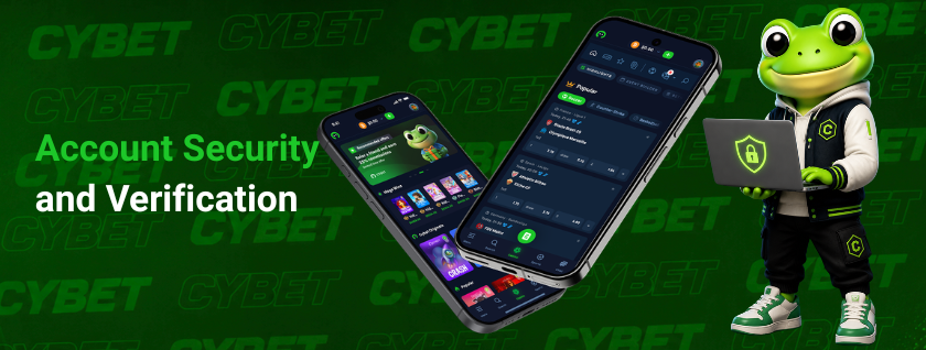 Cybet casino mobile interface on two smartphones with game listings and a security shield icon, a frog mascot holding a laptop, and the text "Account Security and Verification".