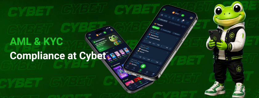 CYBET AML and KYC compliance on mobile with frog mascot