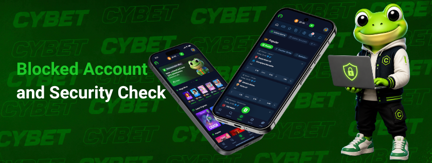 Cybet casino mobile interface shown on two smartphones featuring games and betting sections, a frog mascot holding a laptop with a security shield icon, and the text "Blocked Account and Security Check".