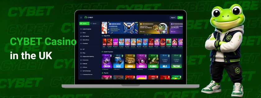 Cybet casino homepage on a laptop featuring original games like Crash, Dice, Mines, Plinko, HiLo, and TikTok, a frog mascot, and the text "CYBET Casino in the UK".