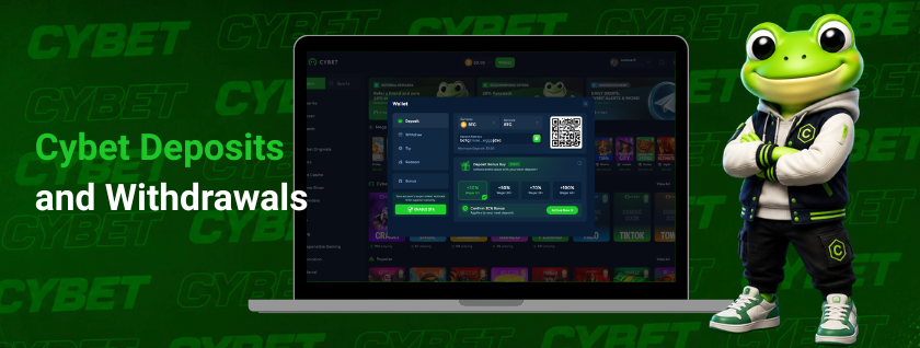 Cybet casino deposit page on a laptop displaying a QR code and cryptocurrency payment options, a frog mascot, and the text "Cybet Deposits and Withdrawals".