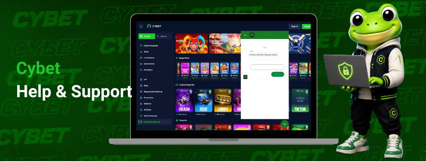 Cybet casino website on a laptop with an open live chat support window, a frog mascot holding a laptop with a security shield, and the text "Cybet Help & Support".