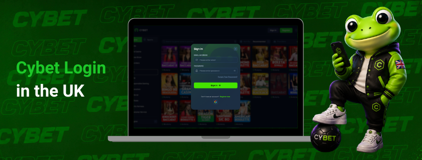 Cybet casino login page displayed on a laptop screen with the Sign In form, a frog mascot in a black-and-green jacket, and the text "Cybet Login in the UK.