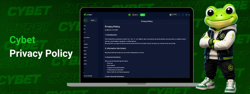 CYBET privacy policy on laptop with frog mascot