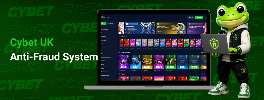 CYBET UK anti-fraud system on laptop with frog mascot