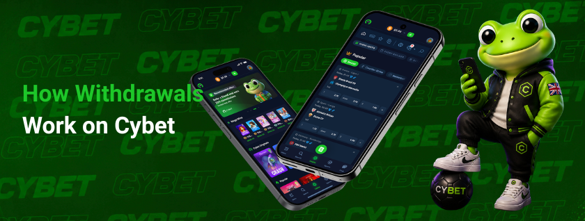 Cybet casino mobile app on two smartphones showing withdrawal and game sections, a frog mascot with a branded football, and the text "How Withdrawals Work on Cybet".