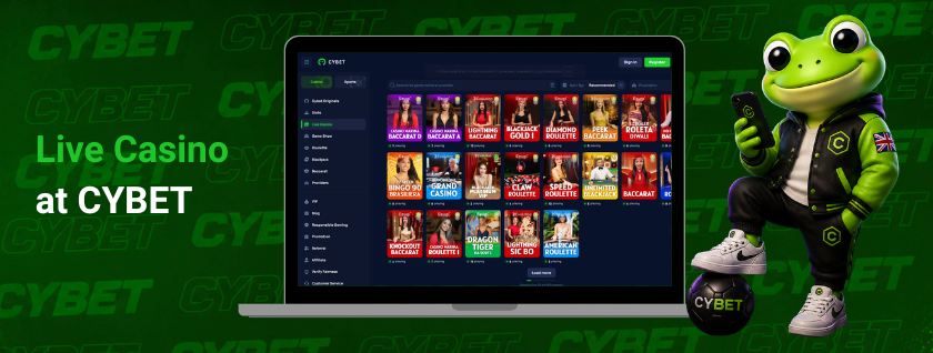 Cybet casino live dealer section on a laptop showing games such as Baccarat, Roulette, Dragon Tiger, and Speed Baccarat, a frog mascot with a branded football, and the text "Live Casino at CYBET".