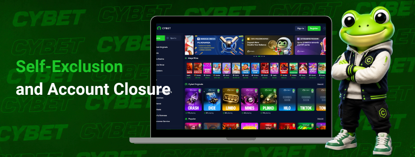CYBET self-exclusion and account closure on laptop with frog mascot