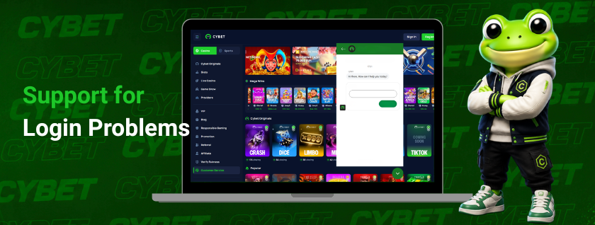 Cybet casino homepage on a laptop with an open live chat support window, a frog mascot, and the text "Support for Login Problems".