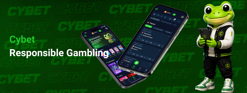 CYBET responsible gambling on mobile with frog mascot
